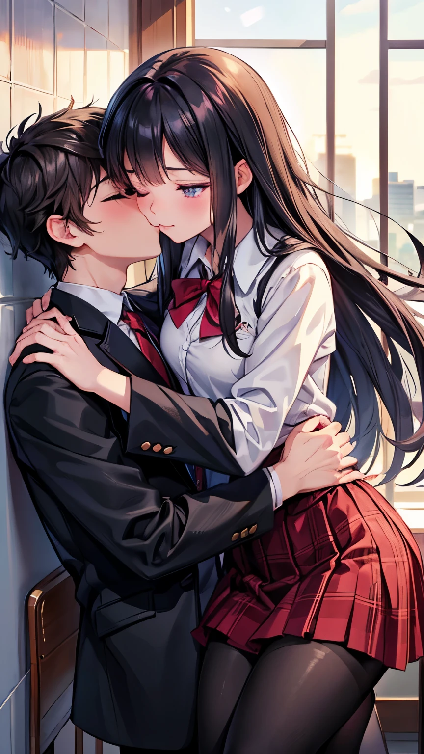 {{{nsfw}}}, {{hdr}}, {close up}, {{kissing}}, {{The girl kissing the boy friend}}, {{{masterpiece}}}, 4k, {{city}}, anime girl, beautiful anime woman, beautiful anime girl, beautiful anime teen, purple eyes, black long hair, {high resolution illustration}, {finely detailed beautiful eyes and detailed face}, (very detailed CG Unity 8k wallpaper), best quality, cinematic lighting, (photorealistic), Detailed, Ultra-Detailed, Digital Art, beautiful face, student, (bloom), (((formal school uniform))), red neck-ribbon, red plaid skirt, see-through black pantyhose, black blazer, {{dynamic angle}}, {closed eyes}, face only