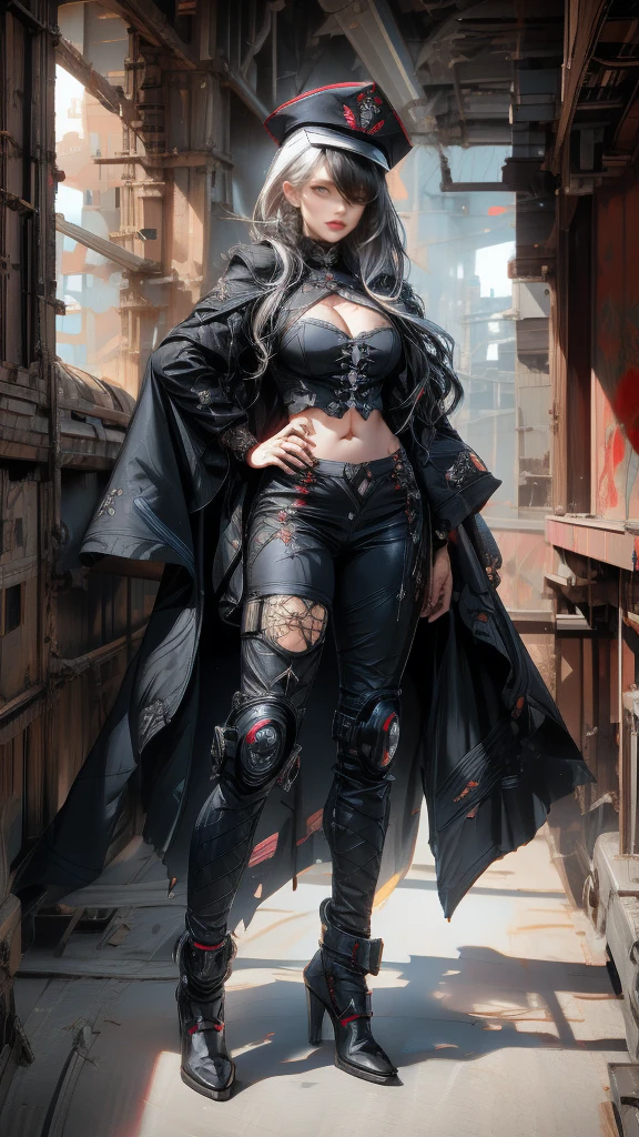 A woman in black and white and a long coat, female cyberpunk anime girl, Fine details. Girl Front, from girls frontline, From Arknights, cyberpunk anime girl, Female action anime girl, Tifa Lockhart with white hair, ( highly detailed figure ), cyberpunk femme fatale, Cyberpunk 2 0 y. o model girl, style of raymond swanland, high detal
Perfect iris, (+perfect hand+:1.21), ray tracing, (best quality:1.13)
black_cloak black_footwear black_gloves black_hair black_headwear black_pants blunt_bangs bodysuit breasts buttons cape chain cloak closed_mouth covered_navel expressionless full_body gloves gradient gradient_background hand_on_headwear hand_up hat high_heels latex latex_bodysuit legs_apart long_sleeves looking_at_viewer medium_breasts military military_hat pants peaked_cap red_background red_eyes shadow short_hair simple_background skin_tight solo standing tight torn_cape torn_clothes uniform
(masterpiece),((Highly detailed lblack short hair)),((expressive blue eyes)),(Highly detailed black biker outfit),deep cleavage,serious expression,extremely beautiful mature woman, milf,pale white skin,silver jewelry,best quality,cel shading,8K HD,highly detaild face, highly detaild eyes,flat color,(fullbody angle),high contrast,ufotable art style,contrapposto,white background
Tattoo Black Mask SKULL Black Eyepatch Best Quality, UHD, Quality, High Quality, Black Hair, Odd Eye Mesh Color Glowing Light, Cinematic Lighting, Chromatic
