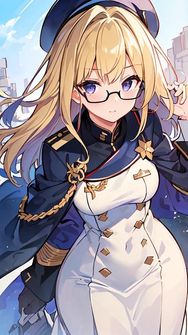 (((Best quality, 8k, Masterpiece: 1.3)), ((best quality)), ((masterpiece)), (detailed), perfect face, uniform, soldier, Glasses, Beauty, Cool, Major General of the Navy, cowboy shot, blonde