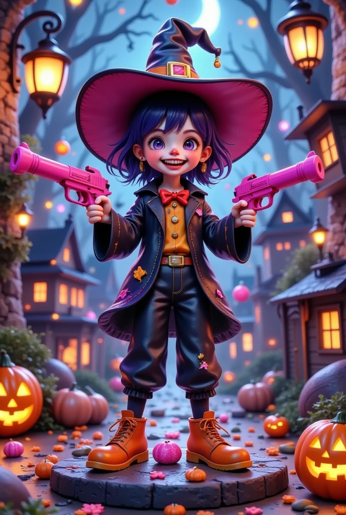 Micro Landscape，3D model figure，crazy clown witch，    holds a pink gun in both hands，Target,   Halloween theme，candy， pumpkin lantern，  intense lighting and shadows ,  Use fluorescent colors  ,  with fluorescent colors  .  Model character, 32K, 