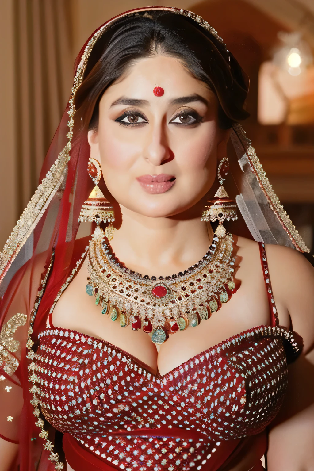 Kareenakapoor actress beautiful actress sexy curvy model woman in a different red black yellow baby doll honey moon Dress,  large breast and cleavages ,manga mala necklace ornament in necklace for wedding, Head Jewelry for wedding, busty slim curvey  round body , mid body shot, round belly, thick body, England Church background, Aegis Amaterasu Embroidery