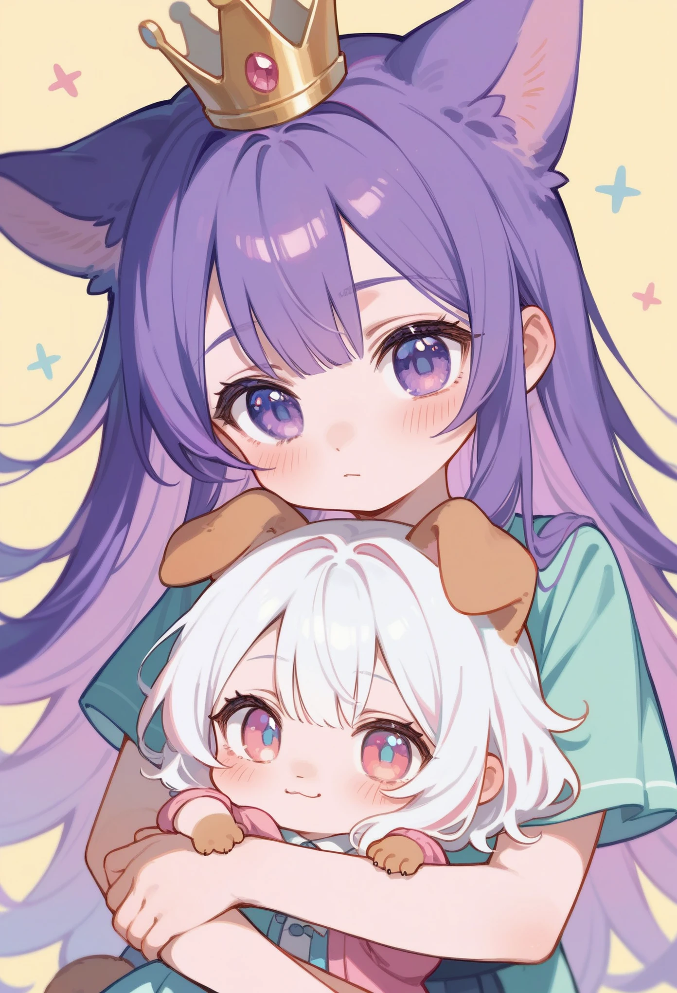 illustration, best quality, chibi style, pastel,lofi,2girls, hugging each other, one girl with purple hair and small crown, one girl with white hair and dog ears, blushing expressions, simple background with pink and white split, cozy and heartwarming atmosphere, casual outfits, close-up view, soft colors