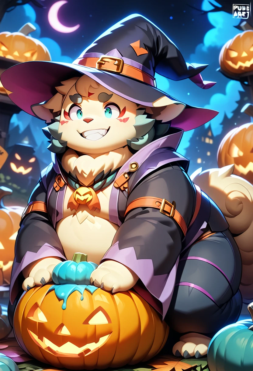 (Agyou)((masterpiece)),((high quality)), Being overweight、 kemono art , kemono art ,   boy anime style、smile、Double teeth、Colorful、Witch Hat、Pumpkin