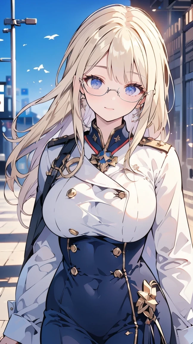 (((Best quality, 8k, Masterpiece: 1.3)), ((best quality)), ((masterpiece)), (detailed), perfect face, perfect body, uniform, soldier, Glasses, Beauty, Cool, Major General of the Navy, cowboy shot, blonde