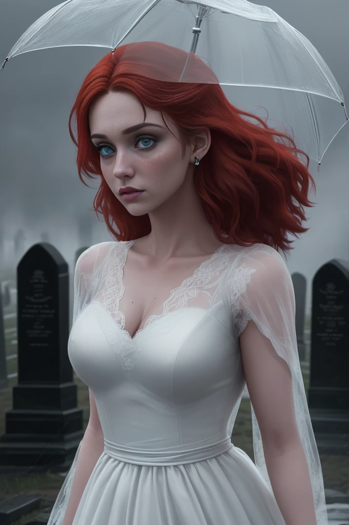 Cinematic footage from Mario Bava horror movie, full medium closeup, a gorgeous 18-year-old woman resembling Bella Thorne, long red hair, soft pale skin, cute and youthful face, well-defined eyebrows, light blue eyes, delicate nose, plump and round lips, walks in an Gothic cemetery at night wearing a white wedding dress, fog and rainy condition, ghostly atmosphere, 1600s, (high skin detail: 1.2), ultra-detailed, photo-realistic, depth of field, cinematic lighting, IMAX camera, HDR, DTM, Full HD, 8k