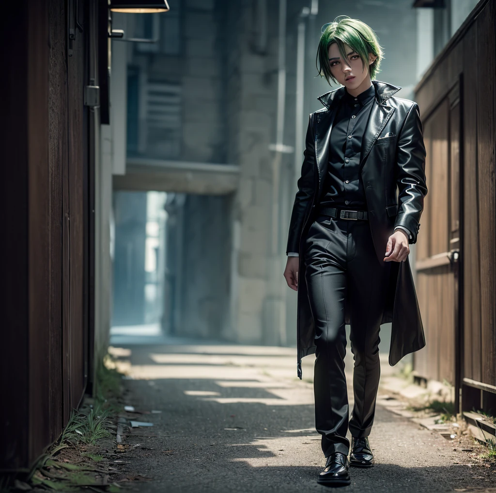 , ((best quality,4k,8k,highres,masterpiece:1.2),ultra-detailed,detailed background,intricate details,elegant,cinematic lighting,volumetric lighting, ((gangster)), faint green hair, scars, scary, white, modern, (full body view), male, teenager, (facing towards camera), anime