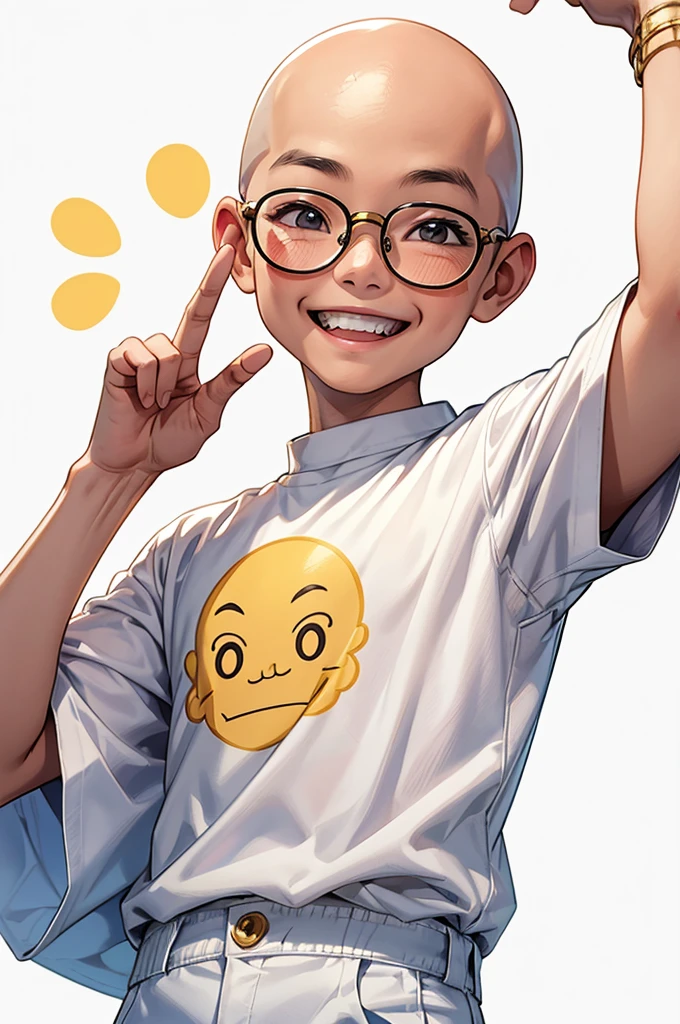 chibi Bald thai boy, wearing gold-rimmed glasses, smile face, Close eye, Big head, wear white t-shirt and White cloth pants, Cheerful: Smiling widely, laughing, eyes shining, cheeks flushed. ,white background,