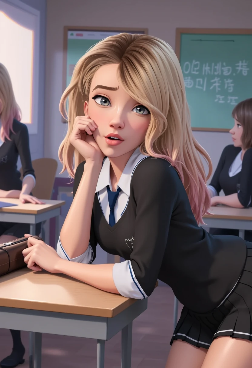 ((masterpiece, best quality)),best aesthetic,1girl, school uniform, desk, sitting, school desk, brown hair, classroom, long hair, indoors, chair, looking at viewer, :p, solo focus, brown eyes, skirt, long sleeves, pencil, 1 boy, pencil case, paper, black serafuku, multiple girls, pleated skirt, sailor collar, bangs, headrest, school bag, school chair