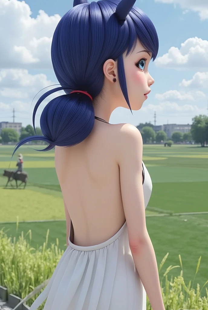 ((masterpiece, best quality)),(illustration),(detailedlight),((anextremelydelicateandbeautiful)),1girl,GodolphinArabian,long hair,blue hair,green eyes,horse ears,horse girl,hair_ornament,white dress, bare shoulders, ,sleeveless,evening dress,long dress,outdoors, light,blue sky, horizon, meadow, wild