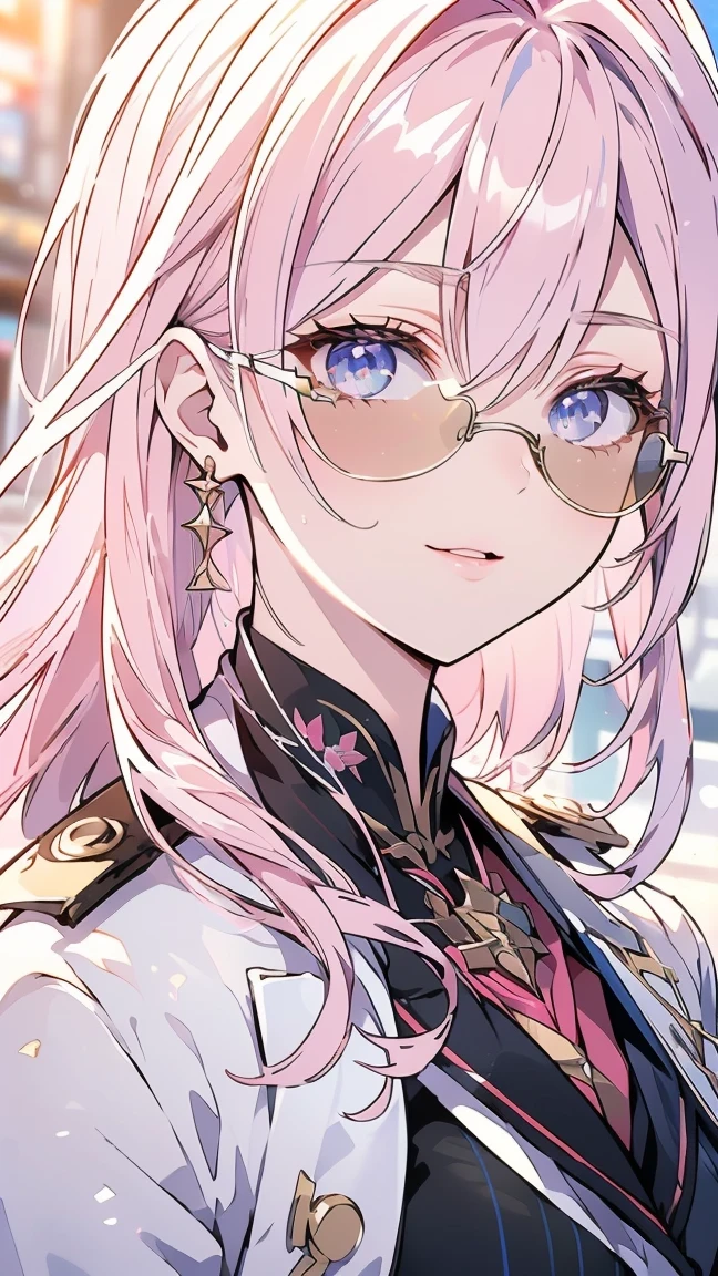 (((Best quality, 8k, Masterpiece: 1.3)), ((best quality)), ((masterpiece)), (detailed), perfect face, perfect body, uniform, soldier, Sunglasses, Beauty, Cool, Major General of the Navy, cowboy shot, pink hair