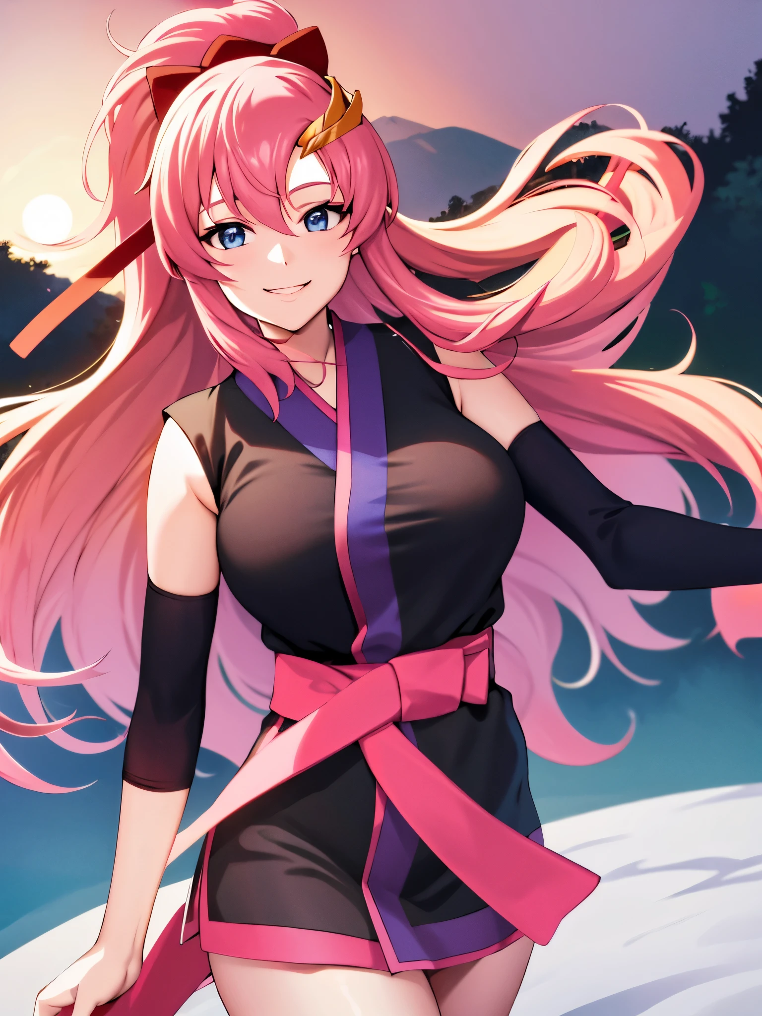  show me her armpits,masterpiece, Best Quality,  Kampala, lake 3 ,  one girl playing pranks, Alone, lake 3 ,  Pink Hair, Short kimono,  blue eyes ,  hair accessories,   very long hair ,  black sleeve,  sleeveless , kimono, bow, Black kimono, hair bow,  ponytail, Floating Hair,  hair between eyes  , Big Breasts,  at dawn, Sheet, Spaceship, smile, 