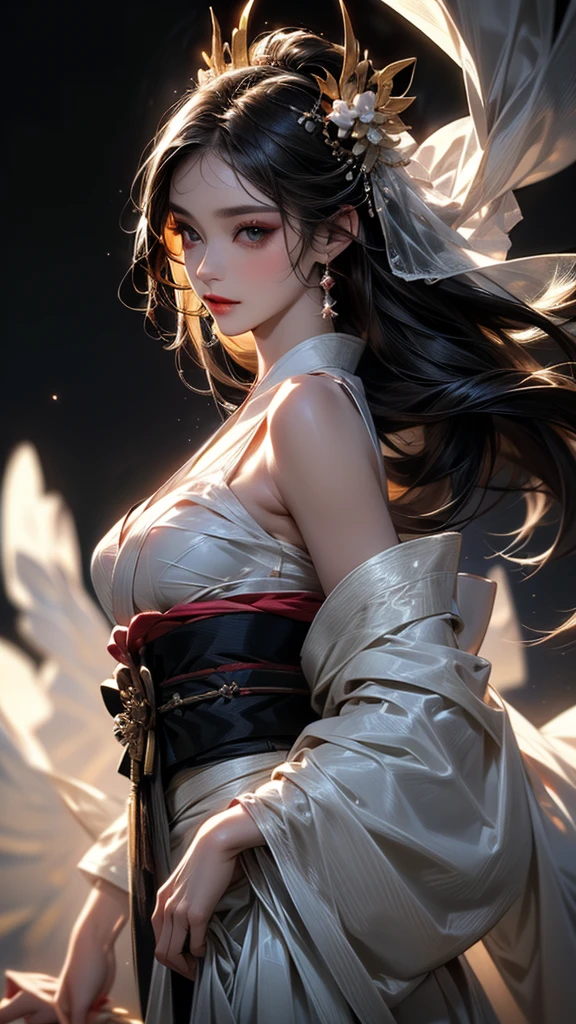 (The top of masterpiece:1.2, best quality:1.38, ultra detailed:1.1, incredibly absurdres, realistic, realism, RAW phot, perfect anatomy), front view, from below, ceiling (solo, (Japanese, celestial maiden), merciful female, angel of Japanese, fantasy art, An old Japanese Fanta story , (extremely detailed, ultra delicate beautiful face, fair skin:1.1, detailed beautiful sharp eyes, natural makeup, best makeup, closeup ),BREAK (very beautiful glossy hair, very beautiful onyx black, sleek long hair), (wearing a beautiful white Kimono:1.1), BREAK (very beautiful see-through veil:1.1 is surrounding around her shoulders ), \(hair ornament, Japanese style, Kanzashi\), alighted on the beach from the clear sky, (outstanding perfect figure, seductive breasts, slim waist, large hip, long legs, beautiful all body), (incredibly detailed background panting, colorful, vivid , realistic, high resolution,)