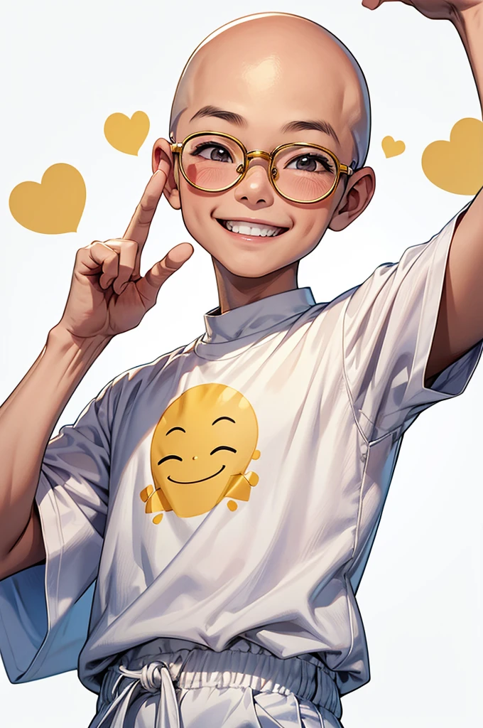 chibi Bald thai boy, wearing gold-rimmed glasses, smile face, Close eye, Big head, wear white t-shirt and White cloth pants, Cheerful: Happy: Smile, squint eyes, have a heart. ,white background,