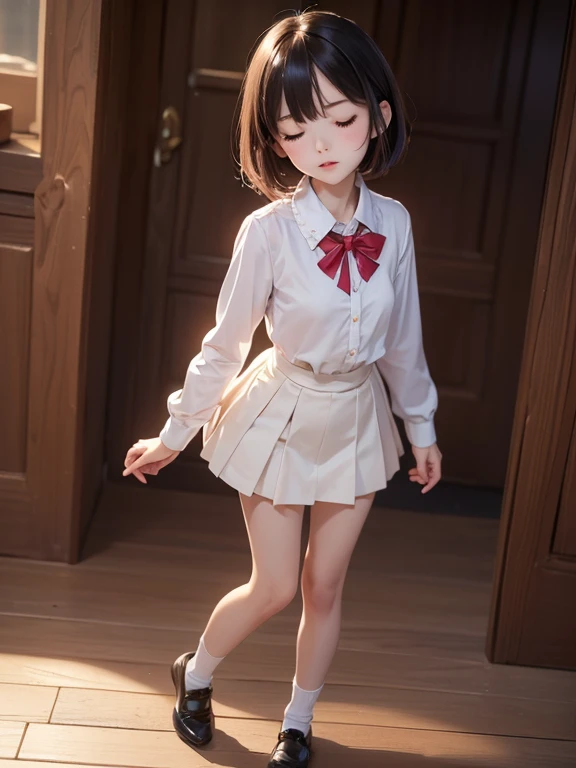 (masterpiece、Highest quality:1.7)、(:1.5)、(Above the knee shot:1.5)、Bobcut、Black Hair、85mm、16K、Official Art、RAW Photos、Best Beautiful Faces、Close-up、Violet、Gardenia、((The best beautiful girl、very cute))、Red blush on cheeks、indoor、(Are standing:1.8)、Film Grain、Chromatic Aberration、Sharp Focus、(((Nice hands、Perfect hands、Perfect Fingers、Thin and delicate fingers、A perfect body without flaws)))、Detailed face、(Slender body:1.5)、(Slender body:1.4)、(Slim upper body:1.4)、(Small breasts:1.8)、(Let your bangs hang down:1.8)、(Blushing:1.8)、(Low contrast lighting:1.2)、(White tight business blouse with collar:1.5)、(White bow tie blouse:1.4)、(Long sleeve: 1.3)、(A very short white pleated mini skirt:1.8),(Holding his chest with his palm:1.5),(Accessories for thighs:1.7)