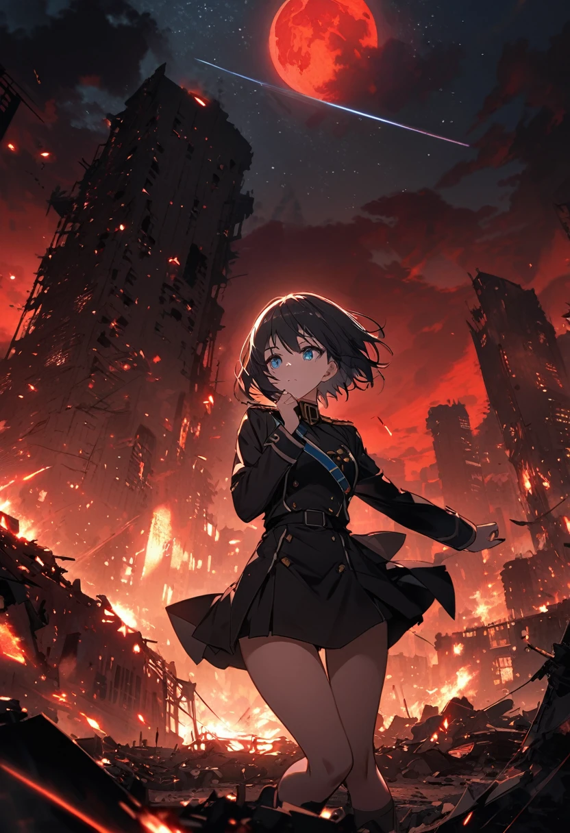 Facing forward　 girl　 Black military uniform on a white background　Spectacular backdrop　  A shooting star is falling　 Beautiful night view 　　　 She is on the right side　 A destroyed city can be seen on the left.　He has a gun　　　服にはplaneが描かれています　背景の上部にはFighterが飛んでいます　Red Moon　 blue eyes 　　There is one person　白色の short haired 　 Wearing a military cap　war　 I&#39;m wearing pants　Accuracy　masterpiece　 girlにクローズアップ　 girlを正面から見ています　 short haired 　soldier　battlefield　{超Accuracy} Satanic　 Smiling eerily　mysterious　 Anime style with no highlights in the eyes　 {war} {Gunfight} {Fighterの擬人化} Fighter　tank　Battleship　plane　　Mechanical Man　宇宙Battleshipヤマトの武装をつけています　Dignified expression　F-16Fighterの翼を背中につけています