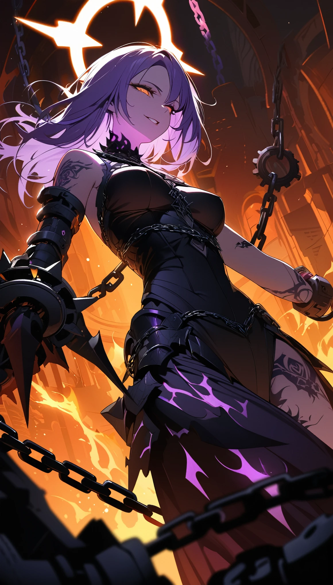 illustration, best quality, low angle view, 1girl, purple hair, seductive smile, intricate dark armor, tattoos on arms, chained outfit, glowing demonic halo, fiery orange background, large mechanical gears, gothic and mystical atmosphere, intense lighting, floating chains, otherworldly aura, high detail