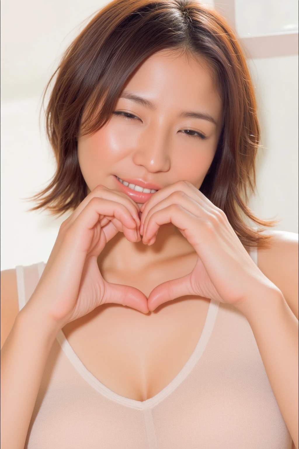 She is in a pose wearing a sexy camisole, making a firm big heart shape with both hands, and holding it in front of her chest, Cute smile up

