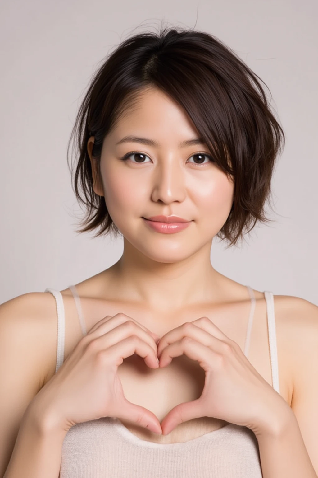 She is in a pose wearing a sexy camisole, making a firm big heart shape with both hands, and holding it in front of her chest, Cute smile up

