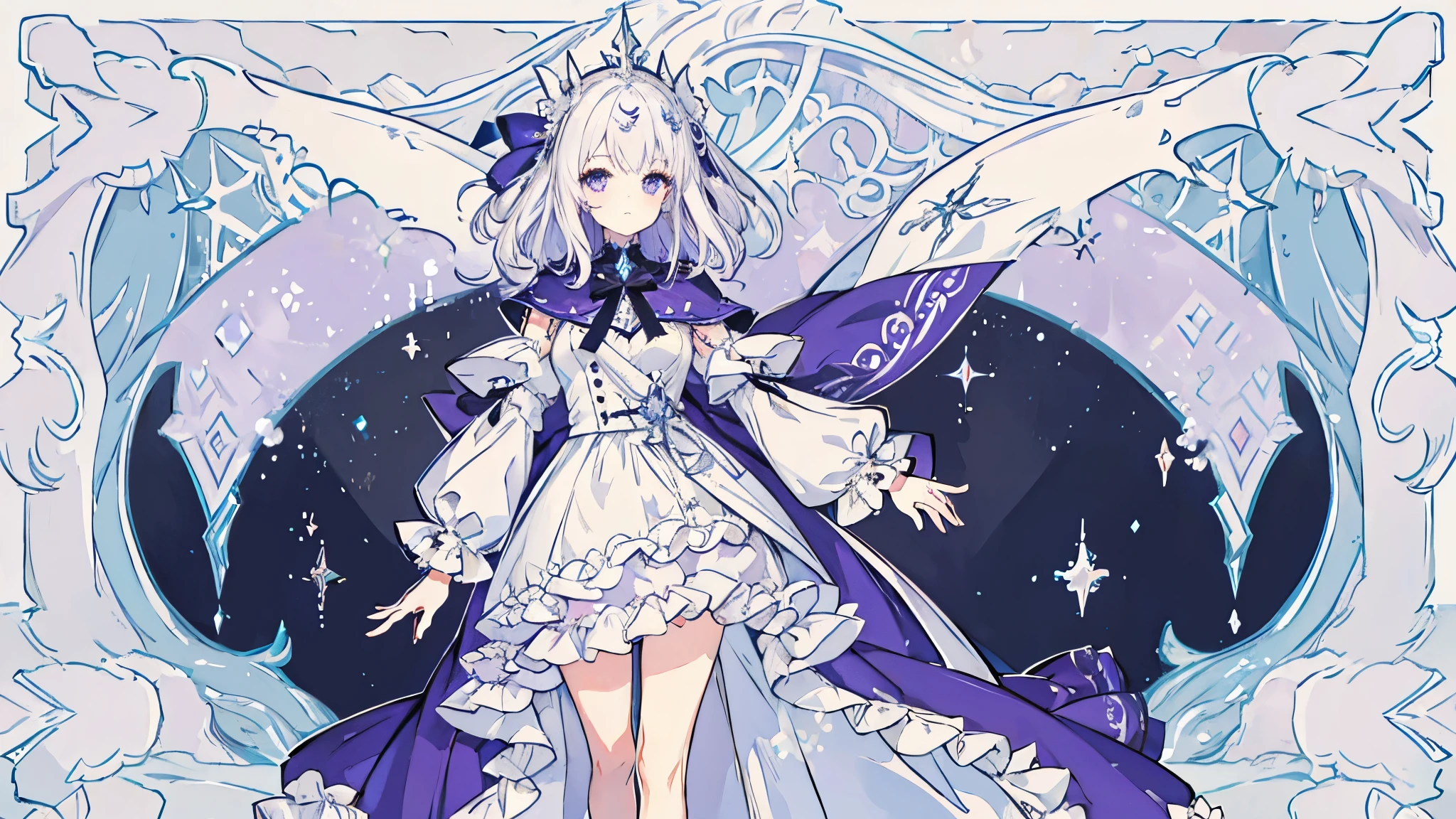 A magical anime-style character with a split-colored hairstyle, featuring long, flowing purple and white hair. The character wears a layered dress with a mix of soft pastel colors and darker accents, including a ribbon around her waist and frills on the sleeves. She has a mysterious, calm expression and holds her hand at her side confidently. She wears a cape with decorative patterns and a distinctive headpiece, combining bows and crescent shapes. The background is transparent.