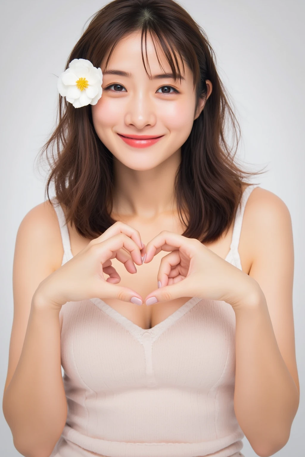 She is in a pose wearing a sexy camisole, making a firm big heart shape with both hands, and holding it in front of her chest, Cute smile up

