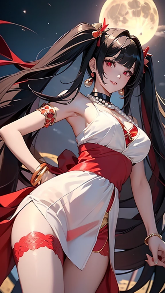 A masterpiece of the highest order, ultra high precision, ultra high image quality, 8K quality, realistic anime style, a woman, a perfect woman with the best anatomical and ergonomic face and body, well-proportioned face and body, (((shiny Black Hair))), (((Twin tails, bangs bangs))), slim face, ((narrow Red eyes)), ((deep glossy and shining eyes)), (((highlights on eyes))), very long eyelashes, thin red lips, a tall and slender body, very large breasts, tight waist, large hips, white skin, moist and lustrous skin, (((See-through Red dress with a bold and sexy design))), (((large pearl necklace, large earrings, Corsages, bangles, rings))), ((beautiful smile)), mysterious atmosphere, great presence, ((upper body, beautiful standing pose)), ((The background is the Full moon night))
