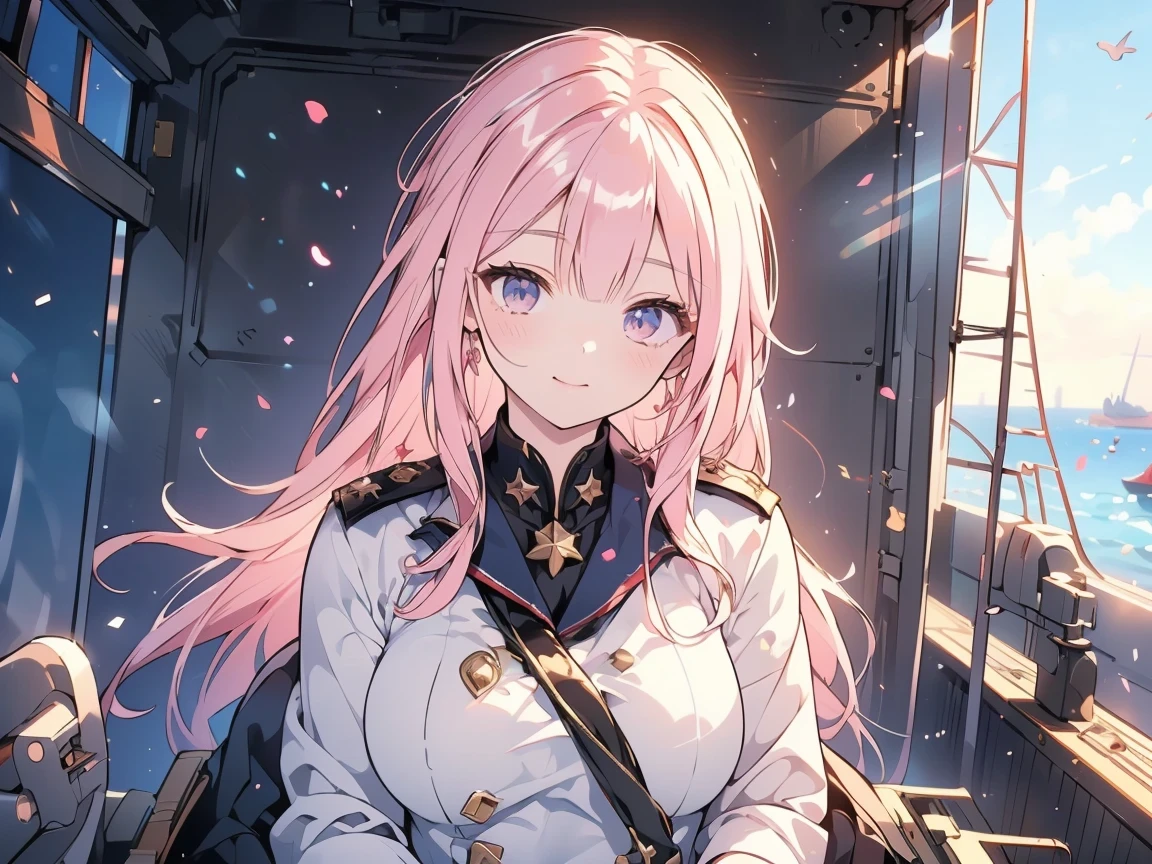 (((Best quality, 8k, Masterpiece: 1.3)), ((best quality)), ((masterpiece)), (detailed), perfect face, perfect body, uniform, soldier, Sunglasses, Beauty, Cool, Major General of the Navy, cowboy shot, pink hair, (On the Military ship), (leaning against the gunwale)