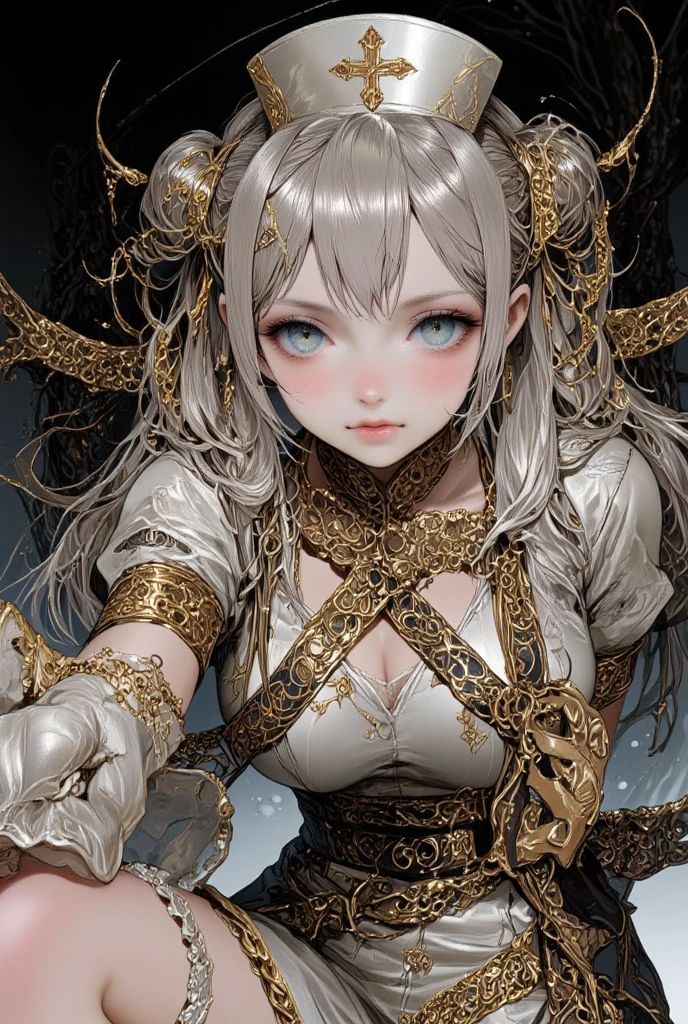 1girl look at me, gold style, nurse costume, cross, exquisite digital illustration, dark fantasy, intricate art work, dark background,