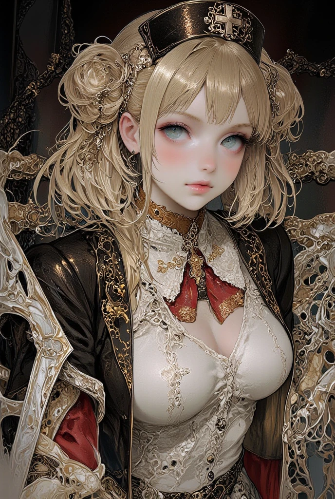 1girl look at me, gold style, nurse costume, cross, exquisite digital illustration, dark fantasy, intricate art work, dark background,