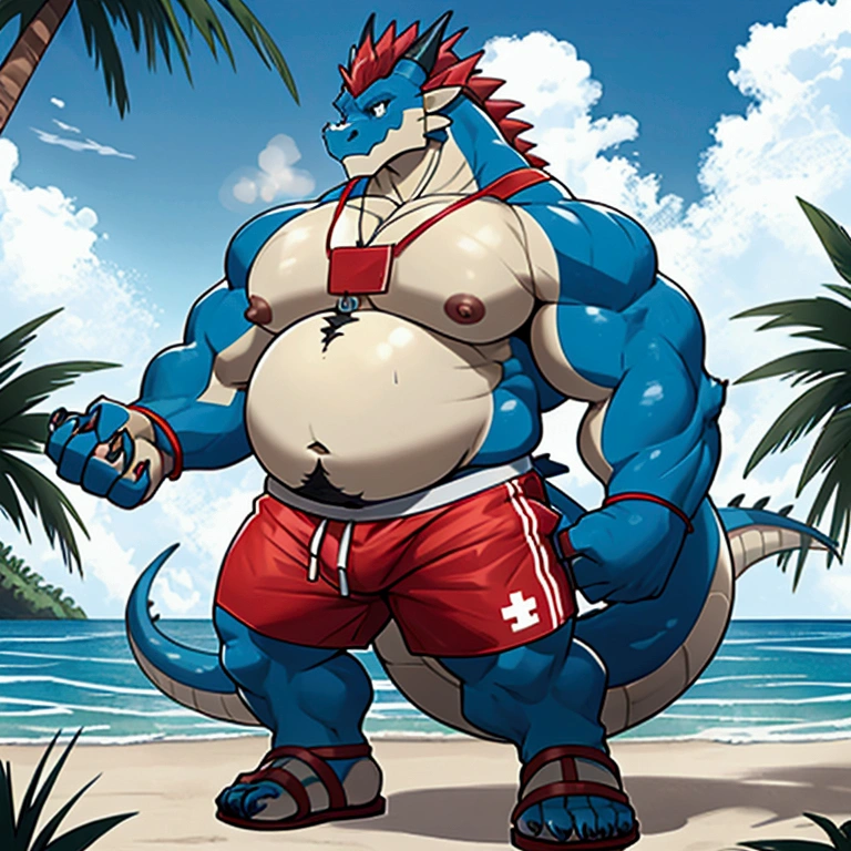 Big buff embarrassed green cartoon dragon with a humongous ginormously oversized inflated beige stomach, high green, white eyes with black pupils, big oversized bellybutton, light green back, lifeguard tank top overhanging on top of his huge stomach, black necklace with dragon tooth, shocked look on his face, high pink blush, spiky red mohawk hairline, red arm necklace, huge ginormous muscular build with gigantic nipples, body hair across his chest and oversized stomach, water droplets all over his muscular body, one hand holding his giganticly oversized stomach, red lifeguard shorts, sandals, standing on a beach resort in a ready to fart position and farting out a huge enormous light green toxic gas cloud coming out of his butthole behind him