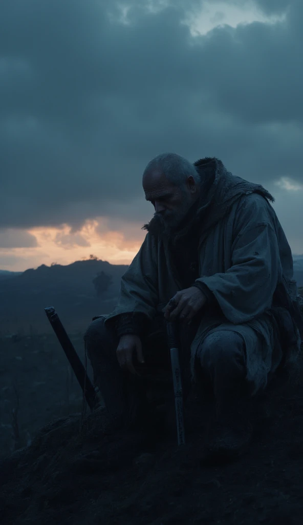 A cinematic scene of samurai Saigo Takamori after the battle, sitting on a rock, looking down with a sad expression. He is robust, with fair skin and a look of sorrow, shoulders slumped, and the katana resting beside him. His face shows signs of fatigue, with deep wrinkles and dark circles under his eyes reflecting the pain of loss. The setting is a silent battlefield, with shadows and soft light at dusk, in dark blue, gray, and touches of orange, creating a contemplative mood. Quality 8K (approximately 33 megapixels). oriental faces.
