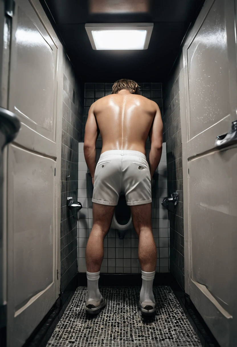 Anime. In the morning. In the bathroom, a mascular but slender young man in his tighty whities is pissing himself. There is a yellow wet spot on his tighty whities because he is pissing himself. His pee makes a puddle at his feet due to pissing himself. He looks humiliated because he couldn't hold pee.