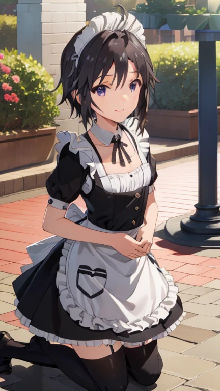  masterpiece,  best quality,  Kampala,  beautiful eyes with attention to detail,  extremely detailed faces playing in the fountain square, Good lighting, Detailed CG,  Glossy lips, Maid, short puffed sleeves, small Maid apron, Thigh High, A light smile,  shopping center, crowd, clavicle,  clevis, Kneel, the above