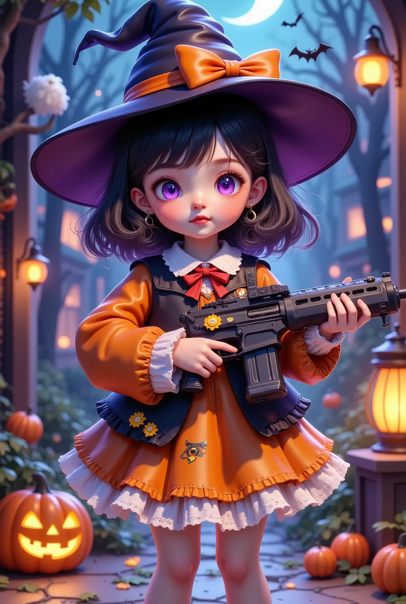 cute girl, Purple Eyes , Holding the gun with both hands,Target, Halloween theme, pumpkin lantern, intense light and shadow , Use fluorescent colors , with fluorescent colors . cyberpunk characters , 32K,