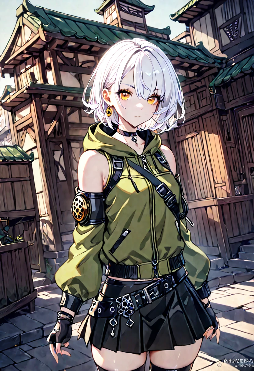 1girl, skirt, solo,anbydemara, anby demara,choker, short_hair, black_choker, gloves, fingerless_gloves,miniskirt, zettai_ryouiki,white_hair,sleeveless, green_jacket, yellow_eyes, hood_down, orange_eyes