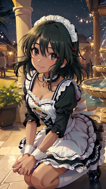  masterpiece,  best quality,  Kampala,  beautiful eyes with attention to detail,  extremely detailed faces playing in the fountain square, Good lighting, Detailed CG,  Glossy lips, Maid, short puffed sleeves, small Maid apron, Thigh High, A light smile,  shopping center, crowd, clavicle,  clevis, Kneel, the above