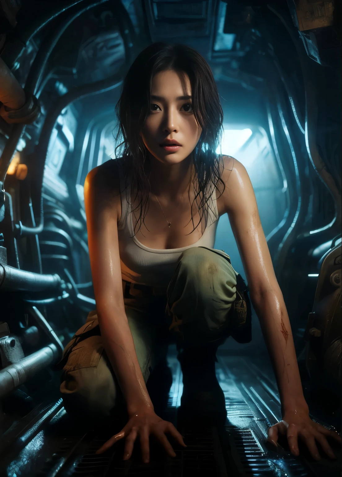 8k, photorealistic 、Realistic skin texture、Japanese woman inside an old spaceship 、Dimly lit ship、Fleeing from aliens、 realistic gigger aliens、 a scene from the movie、thrill、Dirty white tank top、nervous、fear、Piping、Anxious expression、hide、Film Photography、