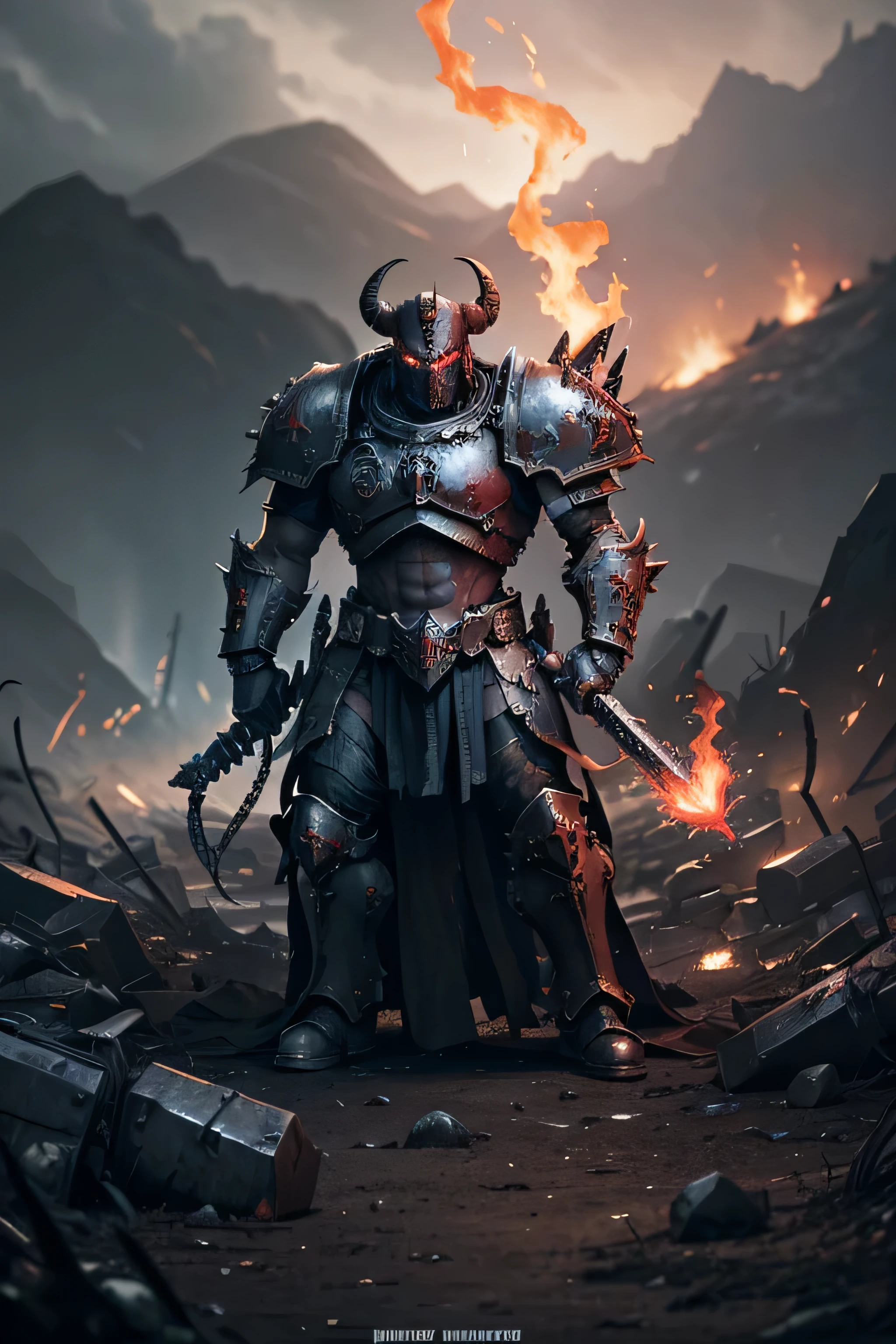 A highly realistic and disruptive depiction of a Warhammer 40K Chaos Space Marine. The Marine stands amid a chaotic, hellish battlefield, wearing corrupted, spiked power armor covered in dark runes and grotesque mutations. The armor is marked with the symbols of Chaos Gods, dripping with blood and ichor. His eyes glow with a sinister red, and he holds a demonic chainsword, with fire and shadows swirling around it. The background is filled with twisted, chaotic landscapes, dark clouds, and distant figures of daemons, hinting at a realm where chaos reigns."