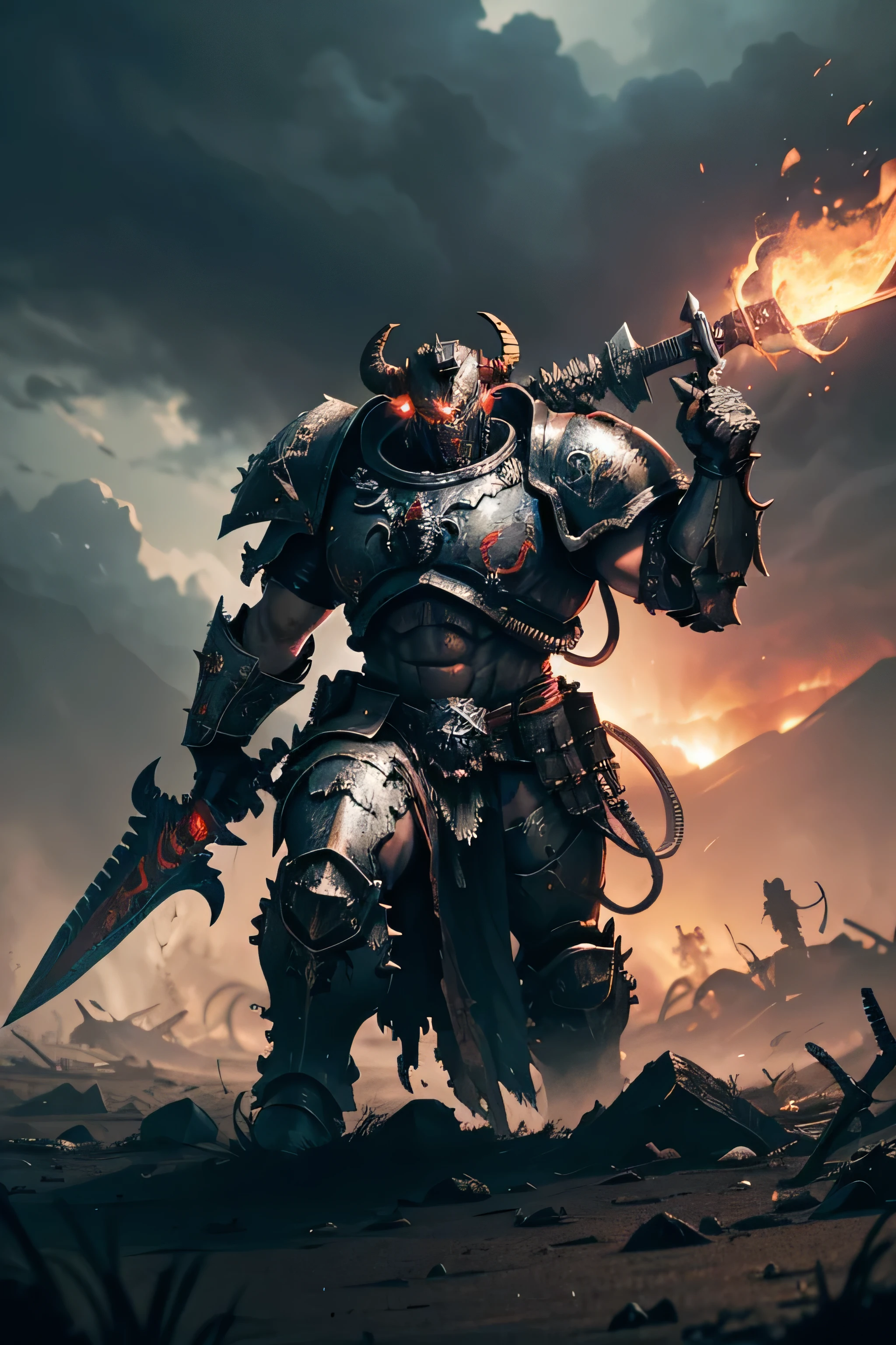 A highly realistic and disruptive depiction of a Warhammer 40K Chaos Space Marine. The Marine stands amid a chaotic, hellish battlefield, wearing corrupted, spiked power armor covered in dark runes and grotesque mutations. The armor is marked with the symbols of Chaos Gods, dripping with blood and ichor. His eyes glow with a sinister red, and he holds a demonic chainsword, with fire and shadows swirling around it. The background is filled with twisted, chaotic landscapes, dark clouds, and distant figures of daemons, hinting at a realm where chaos reigns."