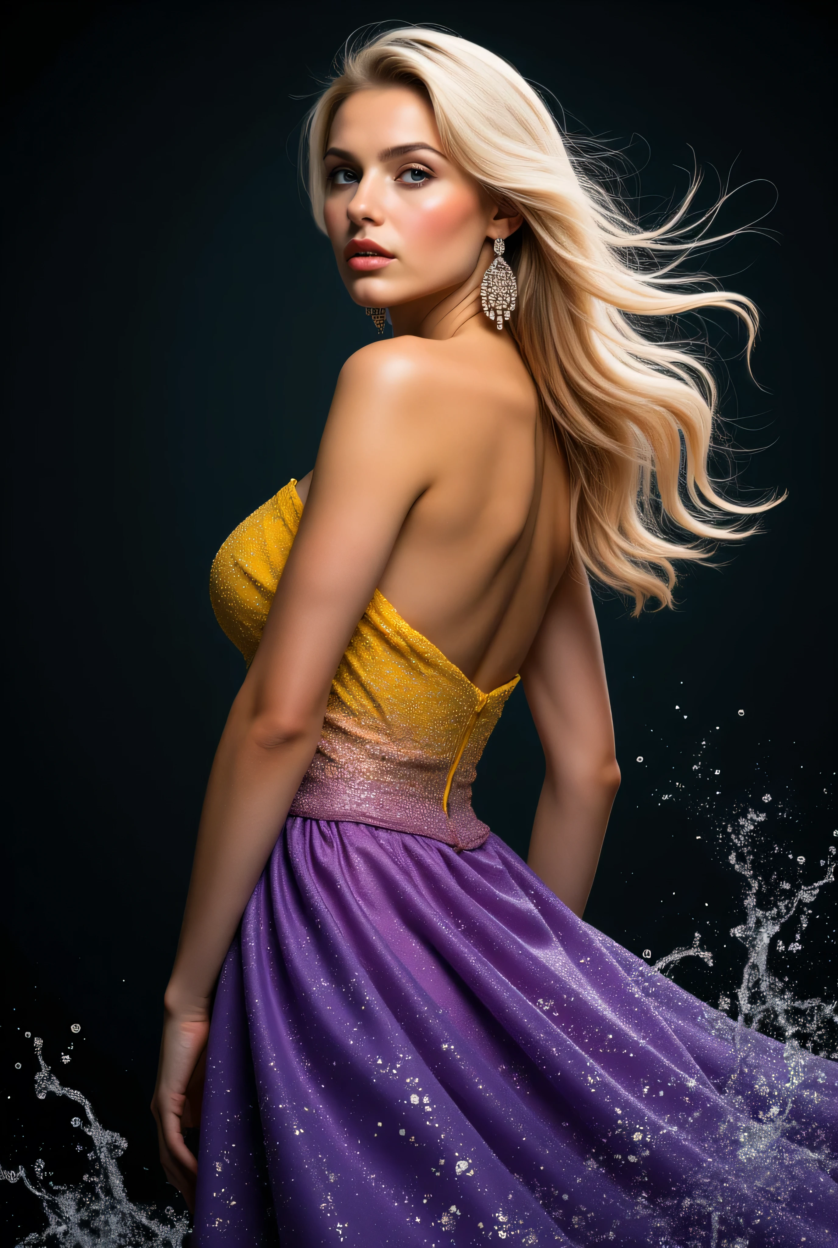 
In an elegant and dynamic pose, a woman gazes over her shoulder with confidence. Her flowing blonde hair resembles water motion, framing her face as she wears a multicolored gown transitioning from yellow to purple, sparkling with sequins at the top. Luxurious earrings complement her glowing skin, set against a dark background adorned with water splashes.