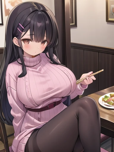 Best Quality, masterpiece,  Kampala,  Details,  digital art , Nyudo Yume ,  Black Hair ,  short bang ,  Brown Eyes , Hair Clip,  pink sweater dress,   black pantyhose ,  Dining Room ,  eats, food, long hair、 very big breasts 、