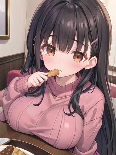 Best Quality, masterpiece,  Kampala,  Details,  digital art , Nyudo Yume ,  Black Hair ,  short bang ,  Brown Eyes , Hair Clip,  pink sweater dress,   black pantyhose ,  Dining Room ,  eats, food, long hair、 very big breasts 、