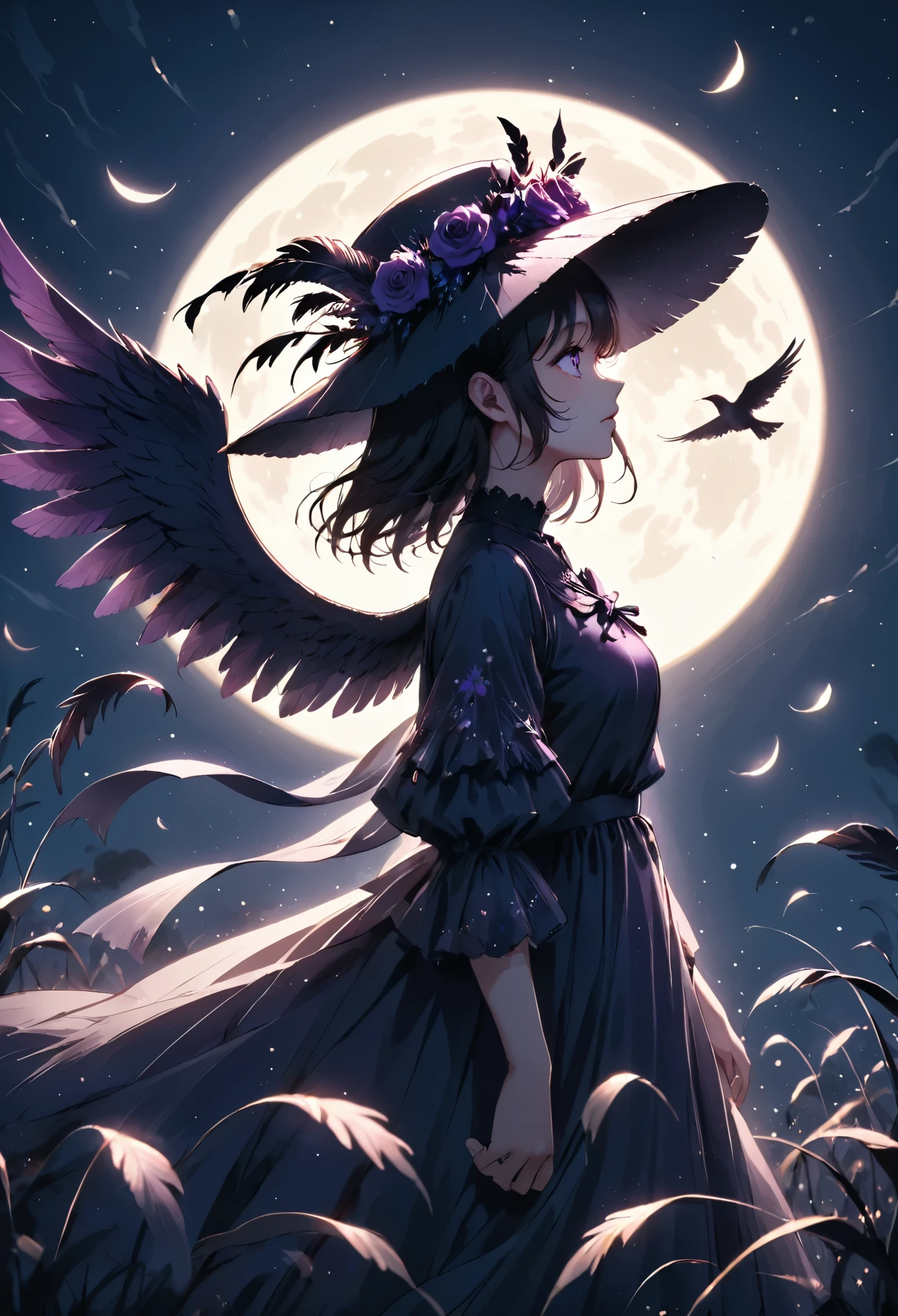 illustration, best quality, side view, 1girl, bird wings, open arms, looking up, long dress with floral details, hat with feathers, glowing full moon, night sky, tall grass in foreground, mystical atmosphere, soft moonlight, dark blue and purple tones, dramatic lighting, sense of wonder and freedom