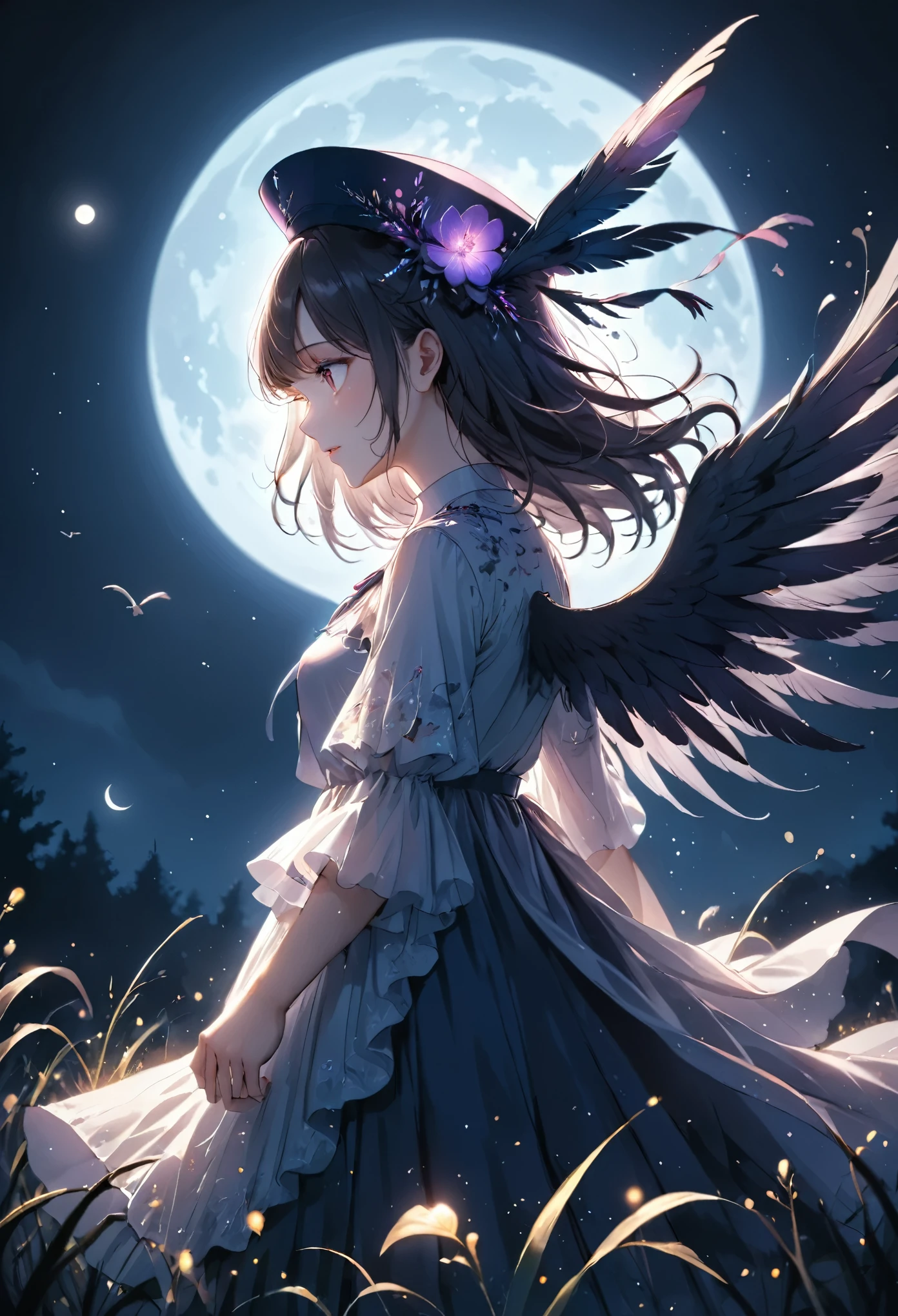 illustration, best quality, side view, 1girl, bird wings, open arms, looking up, long dress with floral details, hat with feathers, glowing full moon, night sky, tall grass in foreground, mystical atmosphere, soft moonlight, dark blue and purple tones, dramatic lighting, sense of wonder and freedom