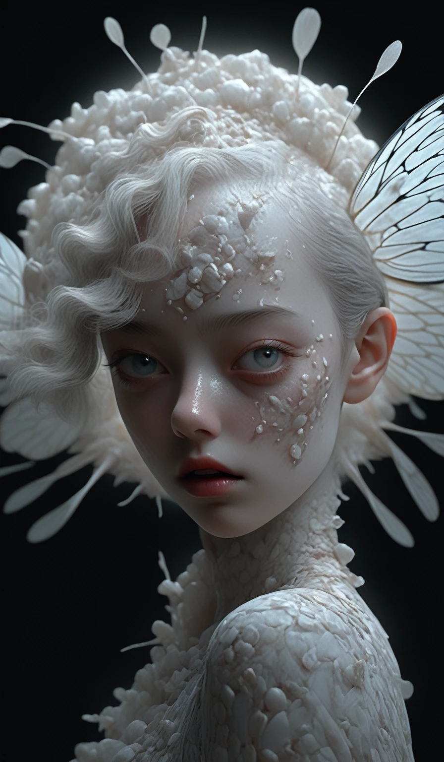 a pale skin girl, detailed eyes, detailed lips, beautiful detailed face, fused moth face, wet skin, moth antennae, short white hair, white scales skin, intricate details, cinematic lighting, dramatic chiaroscuro, highly detailed, sharp focus, photorealistic, 8k, masterpiece, fantasy, surreal, digital art