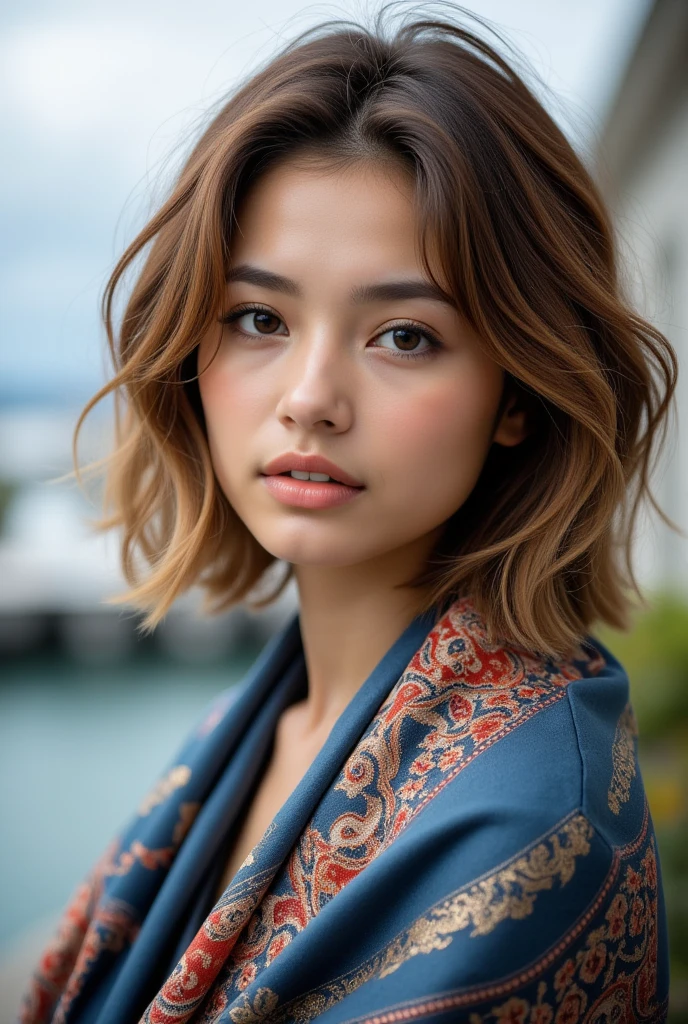 An image of a young woman with an olive complexion and a natural makeup look. Her eyebrows are full and arched, with long lashes and peachy lips. Her hair is a tousled bob with soft waves and caramel highlights. She is adorned with a large, elegant scarf with a blue base and red and gold paisley patterns. Her expression is serene and thoughtful, and she is positioned against a blurred outdoor backdrop that suggests a waterfront setting.