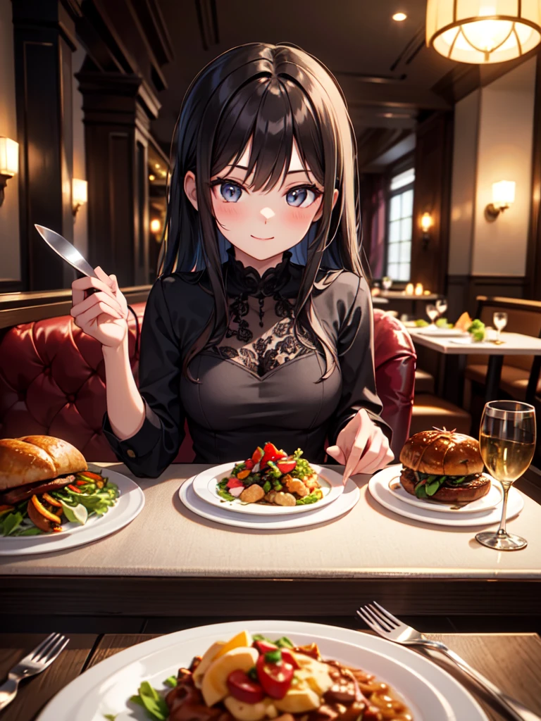 An 8K, high-resolution image of a beautiful young girl sitting at a table in an elegant Western-style restaurant at night. She is smiling gently as she looks at a deliciously plated meal in front of her, with a knife and fork neatly placed beside the plate. The warm, ambient lighting creates a cozy and inviting atmosphere, highlighting the rich colors and textures of the food. The girl’s expression is one of delight and anticipation, and the sophisticated setting, complete with a refined table setting and tasteful decor, enhances the mood of a special dinner experience,