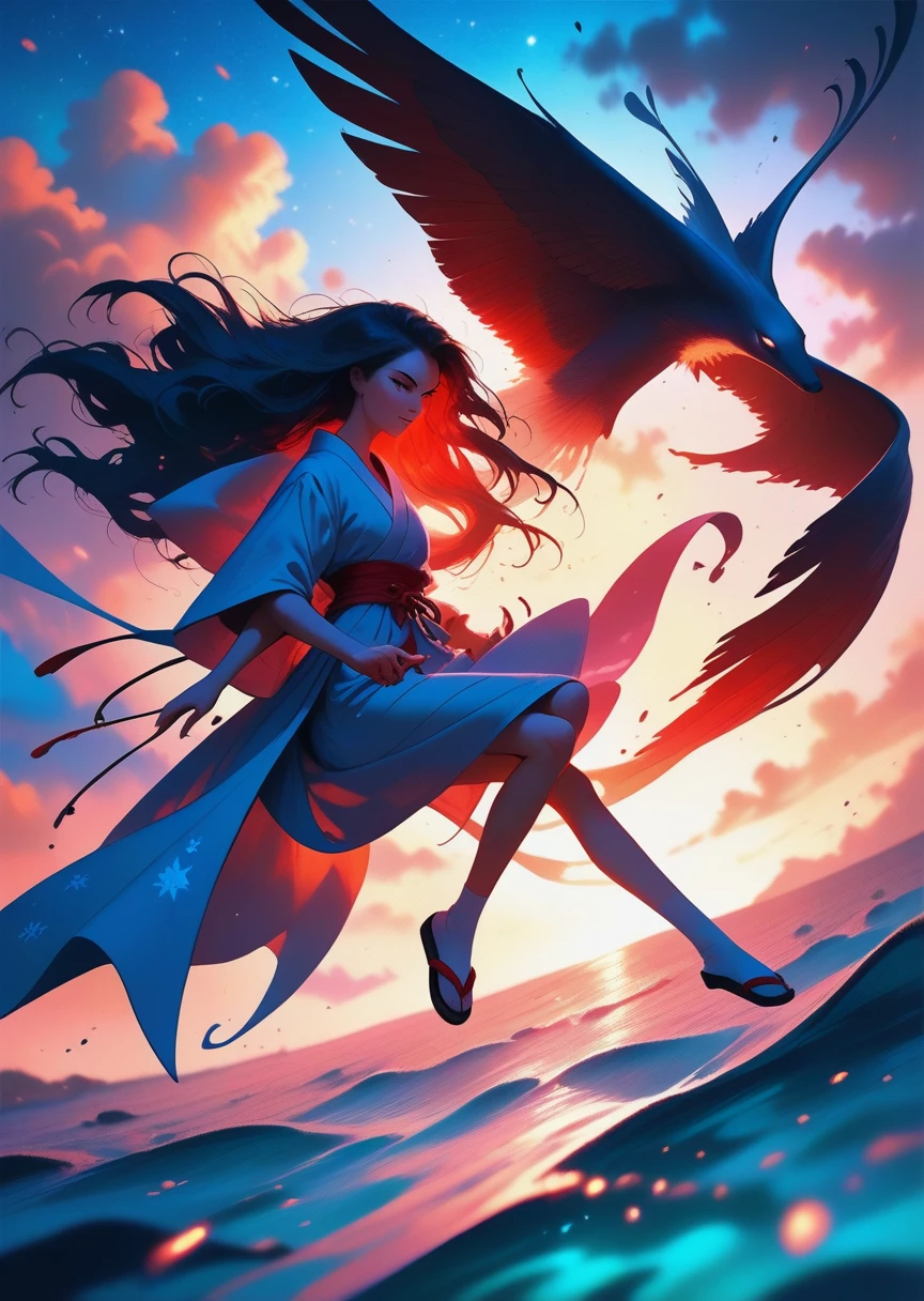 A hyper-detailed, high-resolution anime illustration of a graceful female character with (fox tail and flowing, fluffy black hair) that gently blows in the wind. She is floating above the ocean, suspended in mid-air, surrounded by a magical, ethereal aura. Her eyes are a striking red, glowing with fierce determination as she extends her hand, pointing forward with authority. She wears a pure white kimono, slightly sheer, which delicately flows around her, enhancing her elegance and grace. The fabric shimmers subtly, catching the light, and reveals intricate patterns. Her feet are adorned with traditional white tabi socks and wooden geta sandals, completing her refined, traditional look. (Around her, (numerous swords hover in a perfect circle), their polished blades reflecting light as they are poised to obey her command. Each sword is uniquely designed, floating effortlessly, all pointed in the direction she gestures, prepared to dart forward). The image captures the exact moment she sends them flying, creating a dynamic sense of movement and power. Surrounding her are sprays of ocean water, forming star-shaped droplets that glisten like tiny stars, emphasizing the mystical, otherworldly feel of the scene. The water appears to defy gravity, swirling around her in mesmerizing, graceful patterns. The setting is just before sunset, with a twilight sky that blends deep blues and purples. The sun is low on the horizon, casting a soft, warm glow over the scene. The sky is clear, and stars begin to appear, creating a stunning contrast between the last light of day and the emerging night. The ocean mirrors the colors of the sky, enhancing the magical, dreamlike atmosphere. This is an (ultra-realistic anime-style artwork), rendered with meticulous detail, capturing every strand of hair, the textures of the kimono, and the precise reflections on the water. The overall composition is dynamic and elegant, conveying beauty, power, and an ethereal grace.