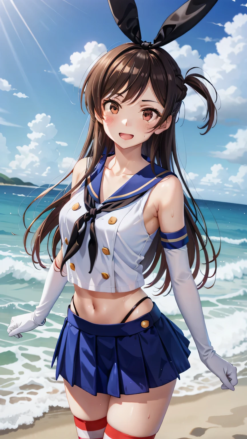 {{{masterpiece}}}, (best quality:1.5), (ultra-detailed:1.5), {illustration}, {{an extremely delicate and beautiful}}, (beautiful detailed eyes:1.6), absurdres, highres, extremely detailed face, 16k, hd, visual anime de uma jovem mulher, extremamente bonito rosto de anime, anime melhor garota, (perfect hands, perfect anatomy), anime face, Mizuhara Chizuru(Rent-A-Girlfriend), chizuru ichinose, aachizuru, cute face, long hair, bangs, brown hair, (brown eyes:1.5), (one side up:1.5), braid, hair braid, medium breasts, thin waist, big hips, curvaceous, BREAK, shimakaze \\(kancolle\\), {school uniform}, serafuku, sailor collar, crop top, sleeveless, bare shoulders, collarbone, black neckerchief, elbow gloves, white gloves, underwear, navel, midriff, highleg panties, black panties, highleg, microskirt, pleated skirt, blue skirt, (striped thighhighs1.3), grey footwear, thighs, zettai ryouiki, BREAK, looking at viewer, outdoor, sky, sea, daytime, beach, nicebeach, crowd of people, standing, smiling, open mouth, embarrassed, flushed cheeks, Dutch angle, erect nipples, cameltoe, Super shiny hair and skin, (Sweaty body, Dynamism), cowboy shot