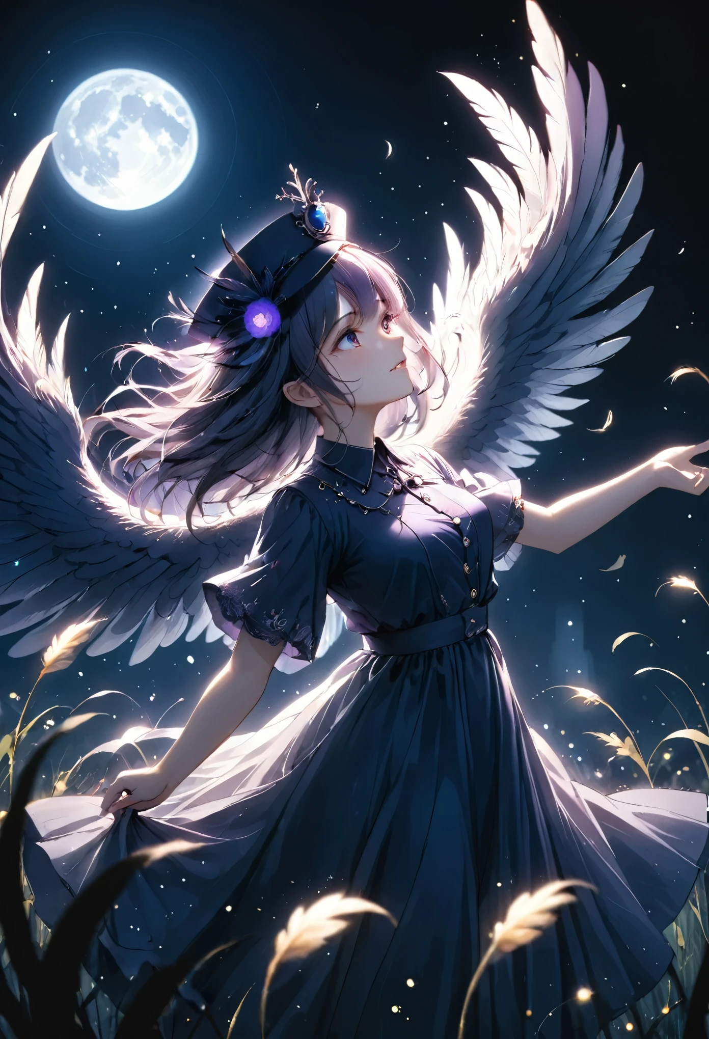 illustration, best quality, side view, 1girl, bird wings, open arms, looking up, long dress with floral details, hat with feathers, glowing full moon, night sky, tall grass in foreground, mystical atmosphere, soft moonlight, dark blue and purple tones, dramatic lighting, sense of wonder and freedom