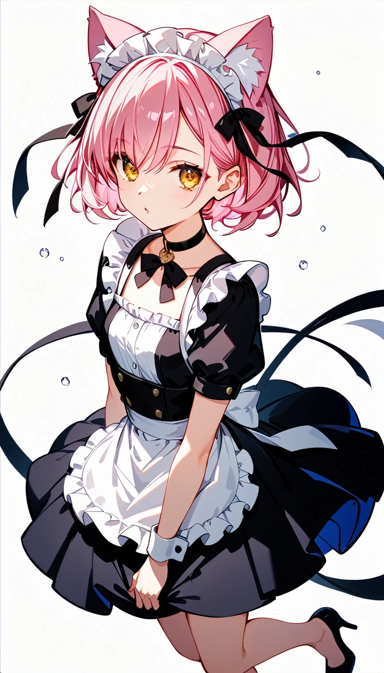  High image quality 、high quality、 one girl playing pranks、 pink hair、 short haired 、 golden eyes、Small breasts、 cleavage、 simple background、Fisheye Lens、Shooting from above、 girl looking at camera 、 face up 、Looking up、 High Heels 、Cat ears、 maid clothes、choker with small black ribbon